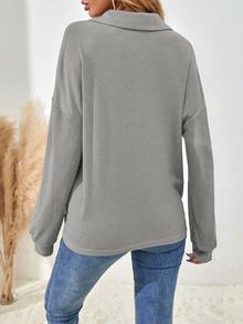 SHEIN 女式休闲宽松蝙蝠袖纯色纽扣T恤，秋季 - 灰色 - 查看 3
