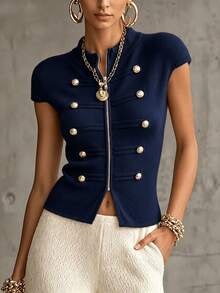 SHEIN New Spring Fall Napoleonic Military Double Breasted Knit Vest Women Stand Collar Full Zip Cap Sleeve S - Navy Blue - View 3