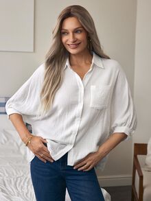 SHEIN Pocket Design Texture Feel Collar Shirt Button Up Shirt - White - View 5