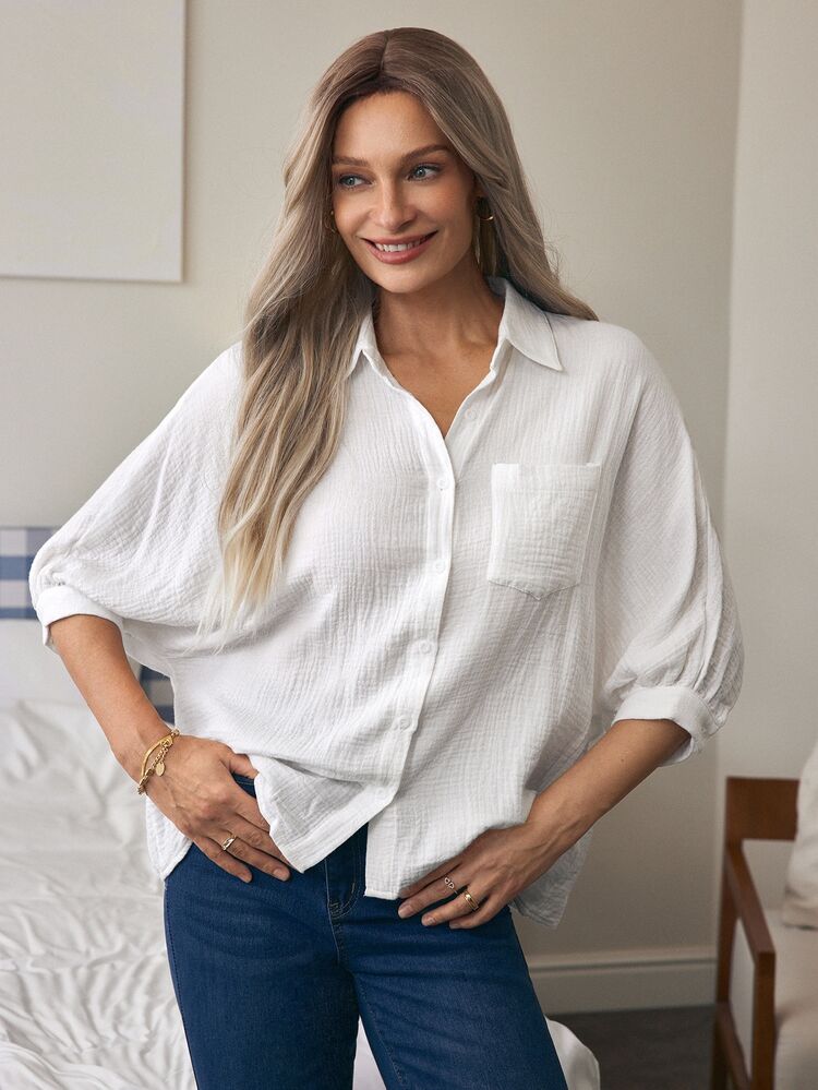 SHEIN Pocket Design Texture Feel Collar Shirt Button Up Shirt - White - View 5