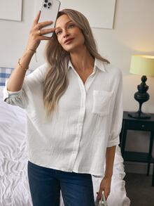SHEIN Pocket Design Texture Feel Collar Shirt Button Up Shirt - White - View 7