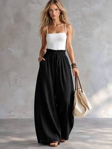 Trelyra Women's High Waist Loose Wide Leg Black Long Pants - Black - View 1