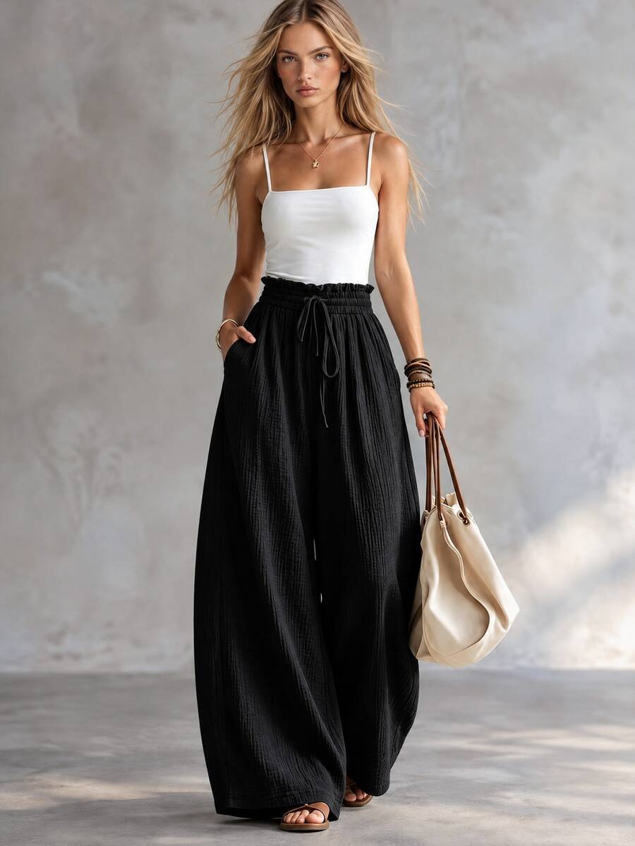 Trelyra Women's High Waist Loose Wide Leg Black Long Pants - Black - View 1