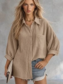 SHEIN Solid Color Textured Batwing Sleeve Shirt - Khaki - View 1