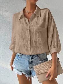 SHEIN Solid Color Textured Batwing Sleeve Shirt - Khaki - View 7