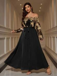 Reflora Plus Size Elegant Party Sequin Patchwork Off-Shoulder Dress/Christmas Dress Fall - Gold - View 3