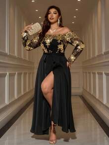 Reflora Plus Size Elegant Party Sequin Patchwork Off-Shoulder Dress/Christmas Dress Fall - Gold - View 7