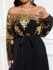 Reflora Plus Size Elegant Party Sequin Patchwork Off-Shoulder Dress/Christmas Dress Fall - Gold - View 6