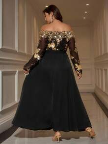 Reflora Plus Size Elegant Party Sequin Patchwork Off-Shoulder Dress/Christmas Dress Fall - Gold - View 2