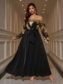 Reflora Plus Size Elegant Party Sequin Patchwork Off-Shoulder Dress/Christmas Dress Fall - Gold - View 5