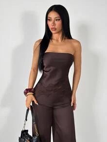 SHEIN PETITE Women's Satin & Lace Patchwork Bandeau Top And Long Pants 2 Pieces Set - Coffee Brown - View 9