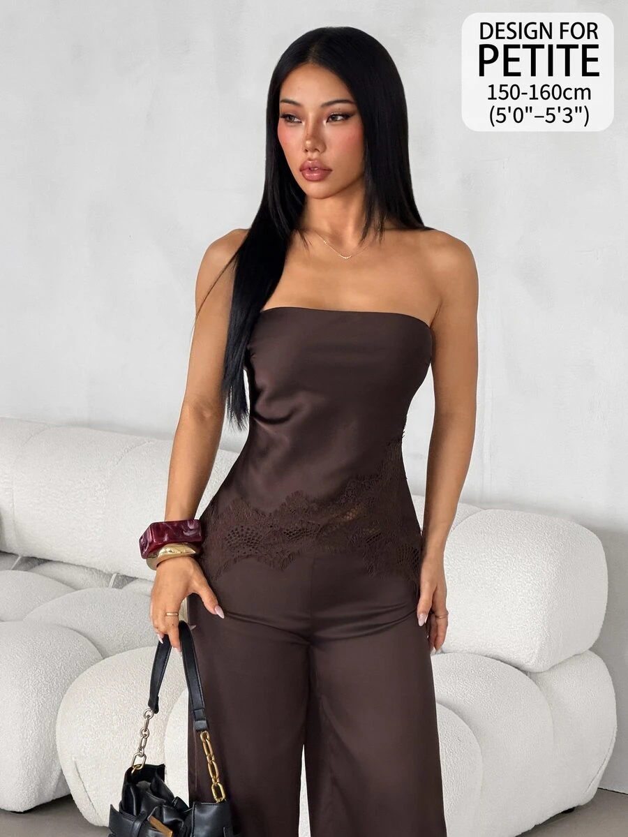 SHEIN PETITE Women's Satin & Lace Patchwork Bandeau Top And Long Pants 2 Pieces Set - Coffee Brown - View 1