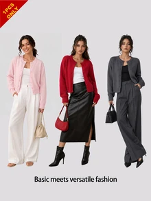 SHEIN BASICS 女款休閒純色圓領長袖寬鬆短版開襟針織外套，秋季軟粉色，適合學校、教師、辦公室穿著 - 粉色 - 查看 9