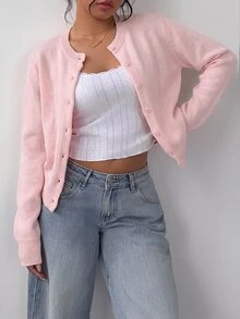 SHEIN BASICS 女款休閒純色圓領長袖寬鬆短版開襟針織外套，秋季軟粉色，適合學校、教師、辦公室穿著 - 粉色 - 查看 7