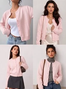SHEIN BASICS 女款休閒純色圓領長袖寬鬆短版開襟針織外套，秋季軟粉色，適合學校、教師、辦公室穿著 - 粉色 - 查看 3