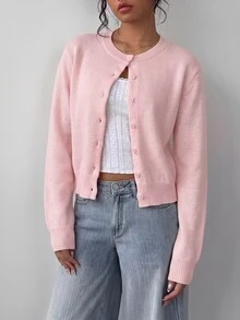 SHEIN BASICS 女款休閒純色圓領長袖寬鬆短版開襟針織外套，秋季軟粉色，適合學校、教師、辦公室穿著 - 粉色 - 查看 5