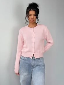 SHEIN BASICS 女款休閒純色圓領長袖寬鬆短版開襟針織外套，秋季軟粉色，適合學校、教師、辦公室穿著 - 粉色 - 查看 6