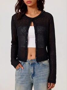 SHEIN BASICS Women Cardigans Office Everyday Brunch Business Black Casual Fall - Black - View 7