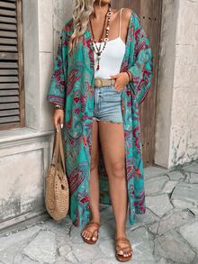 Ceyna Plus Size Women's Casual Multi-Color Striped Bohemian Style Colorful Paisley Pattern Open Front Long Sleeve Long Cardigan Fall Cocktail - Multicolor - View 3