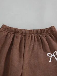 SHEIN 2件組幼兒套裝，極簡休閒風，蝴蝶結印花裝飾，拉鍊連帽長袖外套搭配寬腿長褲，時尚日常穿著套裝，適合戶外活動，適用春秋季 - 棕色 - 查看 5