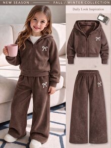 SHEIN 2件組幼兒套裝，極簡休閒風，蝴蝶結印花裝飾，拉鍊連帽長袖外套搭配寬腿長褲，時尚日常穿著套裝，適合戶外活動，適用春秋季 - 棕色 - 查看 1