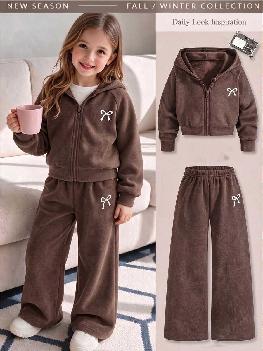 SHEIN 2件組幼兒套裝,極簡休閒風,蝴蝶結印花裝飾,拉鍊連帽長袖外套搭配寬腿長褲,時尚日常穿著套裝,適合戶外活動,適用春秋季 - 棕色 - 查看 1