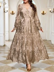 Reflora 大尺碼優雅休閒刺繡洋裝，喇叭袖口，米色，適合晚宴、正式派對、雞尾酒會、婚禮賓客，秋季新年聖誕款 - 金色 - 查看 6