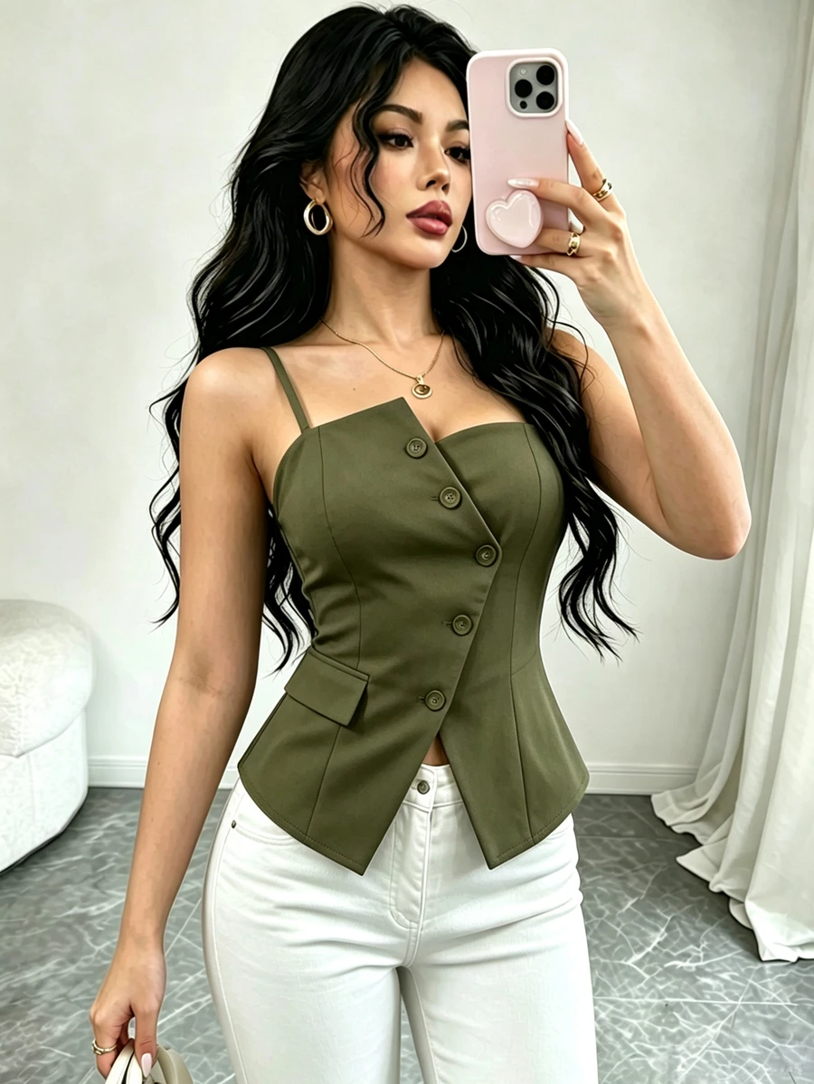 Elenzga 2025 New Blue Asymmetric Design Fashionable Versatile Commuting Casual Cinched Waist Camisole - Army Green - View 1