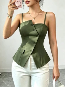 Elenzga 2025 New Blue Asymmetric Design Fashionable Versatile Commuting Casual Cinched Waist Camisole - Army Green - View 2