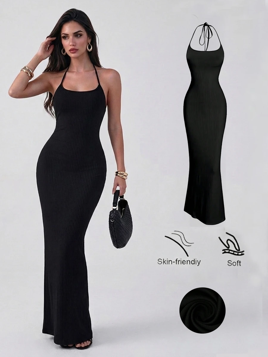 Sweetra Women Fitted Halter Mermaid Dress, Black Maxi Women Outfit - Black - View 1