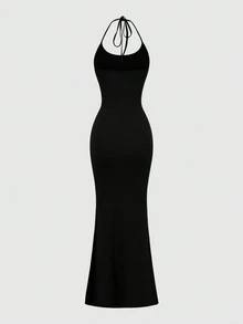 Sweetra Women Fitted Halter Mermaid Dress, Black Maxi Women Outfit - Black - View 2