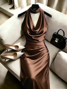 SHEIN Franclia Summer Elegant Solid Color Halter Neck Waist-Cinched Mermaid Hem Dress - Brown - View 1