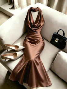 SHEIN Franclia Summer Elegant Solid Color Halter Neck Waist-Cinched Mermaid Hem Dress - Brown - View 6