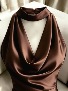 SHEIN Franclia Summer Elegant Solid Color Halter Neck Waist-Cinched Mermaid Hem Dress - Brown - View 3