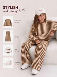SHEIN Tween Girl Casual Minimalist Versatile Brown Waffle Texture Striped Loose Drop Shoulder Long Sleeve Sweatshirt & Wide Leg Pants Set, Suitable For Autumn/Winter Daily Wear, Autumn Vibe, Chill Chill, Fashion Winter - Multicolor - View 4
