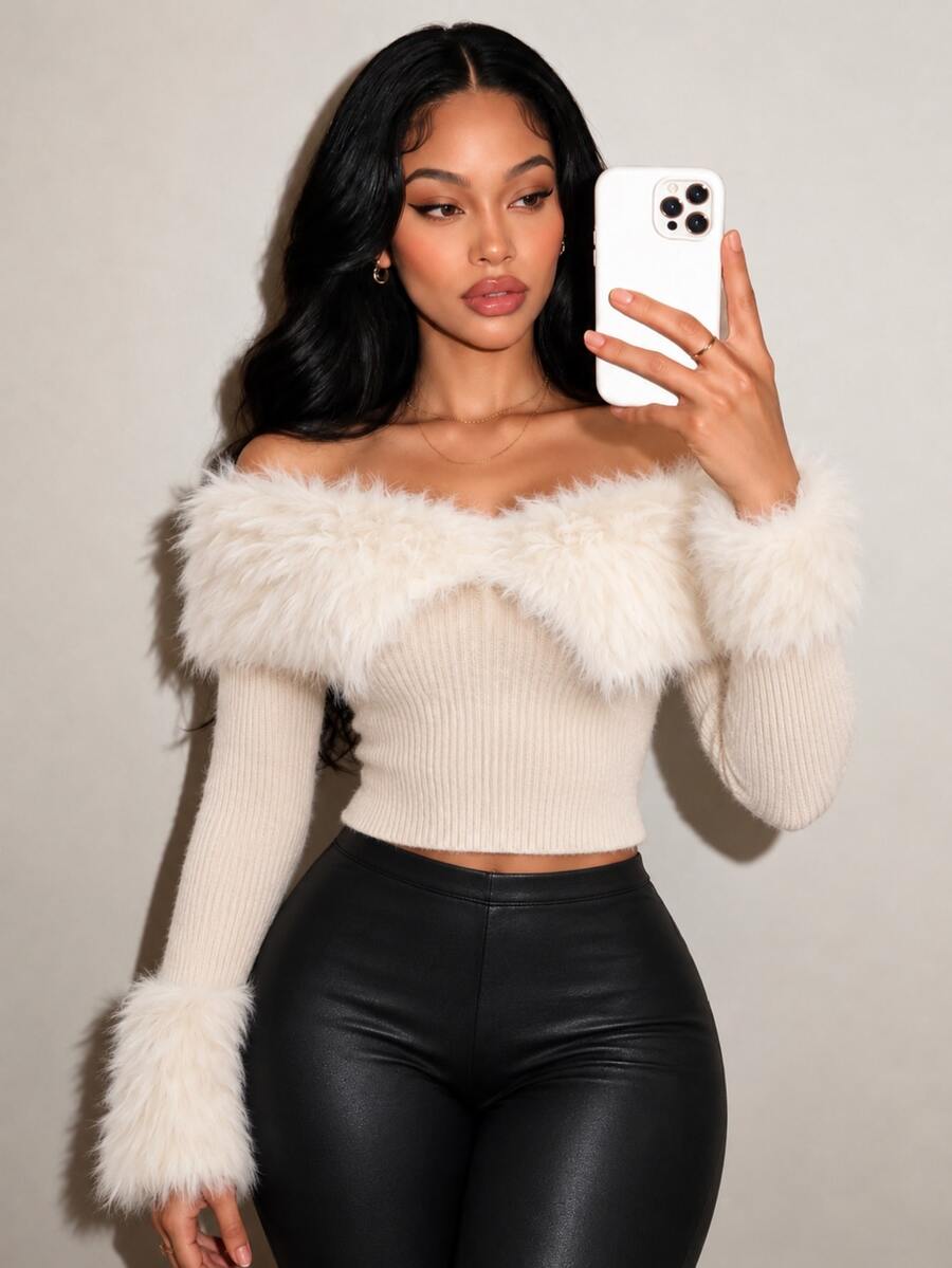BamGleam Solid White Ribbed Knit Top Fluffy Faux Fur Collar Off The Shoulder Cropped Sweaters