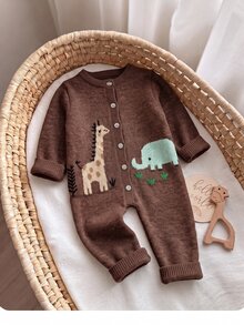 SHEIN Newborn Baby Girl Autumn/Winter Cute Cartoon Pattern Long Sleeve Sweater Romper - Brown - View 2