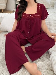 SHEIN Plus Size Women Hollow Lace Patchwork Square Neck Ruffle Sleeve Top & Pants Sleepwear Set, Outfits - Burgundy - View 1
