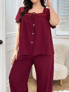 SHEIN Plus Size Women Hollow Lace Patchwork Square Neck Ruffle Sleeve Top & Pants Sleepwear Set, Outfits - Burgundy - View 5
