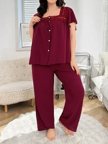 SHEIN Plus Size Women Hollow Lace Patchwork Square Neck Ruffle Sleeve Top & Pants Sleepwear Set, Outfits - Burgundy - View 6