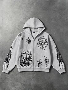 ROMWE MEN Men's Skull Print Casual Hooded Zip-Up Sweatshirt Jacket, Heather Grey - Grey - View 5