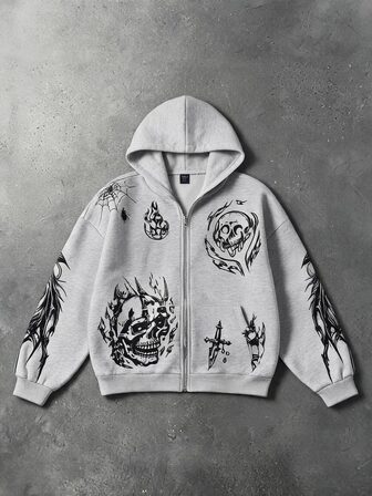 Chaqueta sudadera con capucha y cremallera con estampado de calavera casual para hombre, gris jaspeado