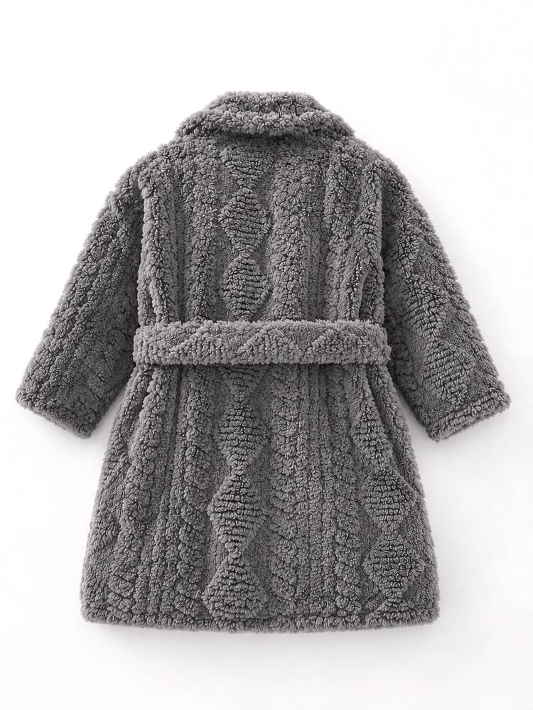 SHEIN Kids Young Boy Autumn/Winter Letter Pattern Fleece Lined Thick Textured Fabric Hooded Long Sleeve Tie-Up Robe, Suitable For Home,Party And More - Grey - View 3
