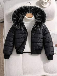 SHEIN Sparklyn 女童純色長袖拉鍊連帽冬季加厚棉襖，毛絨領連帽時尚保暖外套，適合冬季穿著，嬰兒白色 - 彩色 - 查看 3