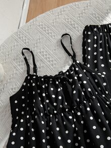 Tween Girls 2pcs/Set Black And White Polka Dot Print Ruffle Hem Camisole Pants Set Summer Cute 80s Outfit Holiday Matching Family Vacation Cool Girl - Black - View 9