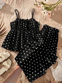 Tween Girls 2pcs/Set Black And White Polka Dot Print Ruffle Hem Camisole Pants Set Summer Cute 80s Outfit Holiday Matching Family Vacation Cool Girl - Black - View 2