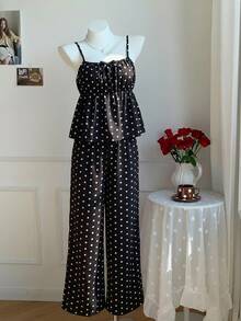 Tween Girls 2pcs/Set Black And White Polka Dot Print Ruffle Hem Camisole Pants Set Summer Cute 80s Outfit Holiday Matching Family Vacation Cool Girl - Black - View 4