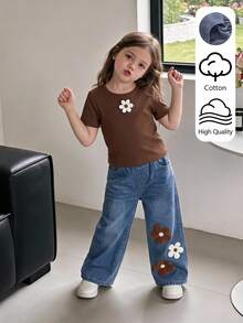 SHEIN Playful Pals 2 Pieces Set For Young Girls Brown Knit Crew Neck Short Sleeve T-Shirt White Floral Patch Washed Blue Denim Jeans Summer 7th Birthday Baby - Brown - View 2