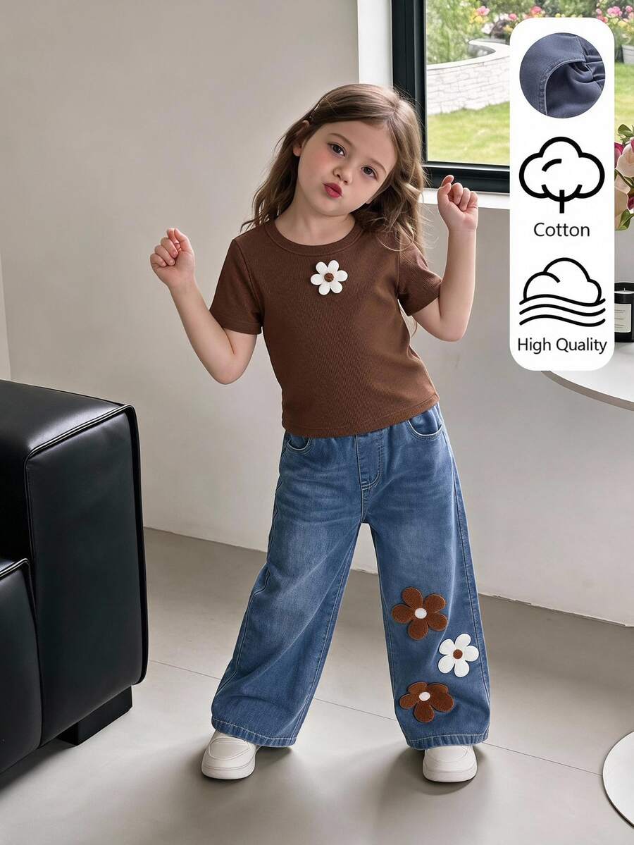 SHEIN Playful Pals 2 Pieces Set For Young Girls Brown Knit Crew Neck Short Sleeve T-Shirt White Floral Patch Washed Blue Denim Jeans Summer 7th Birthday Baby