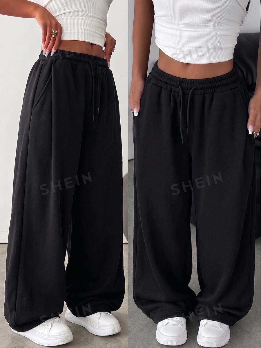 SHEIN Reset Phase 青少年女孩休閒寬鬆基礎街頭風高級紋理寬腿褲,附口袋,秋季運動校園黑色 - 黑色 - 查看 1
